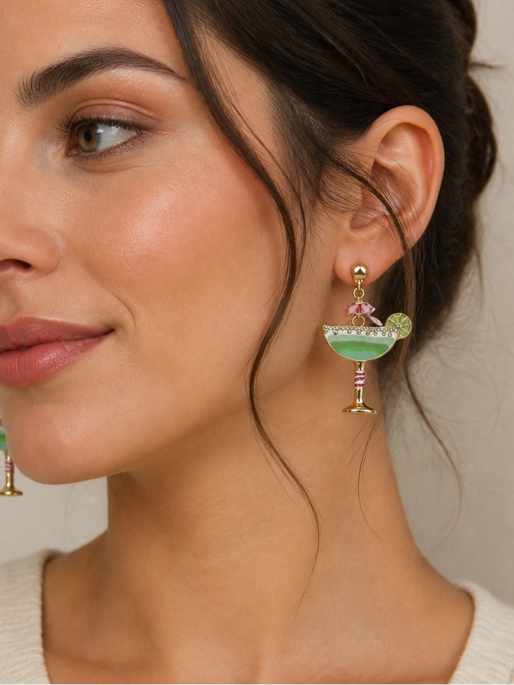 Fun Gold and Green Martini Cocktail Post Earrings NWOT